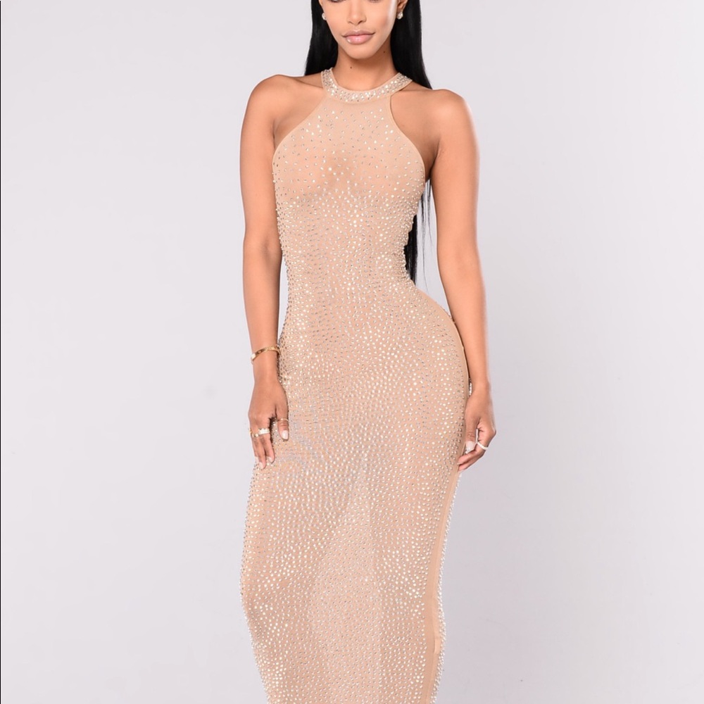 COPY - Glo Up Rhinestone Dress - Nude